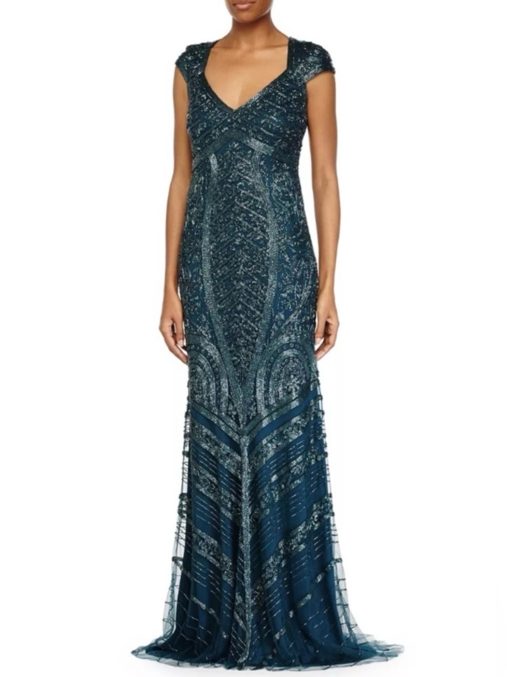 THEIA GEOMETRIC DECO CAP SLEEVE BEADED CUTOUT BACK HOLIDAY GREEN EVENING GOWN